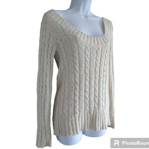 Old Navy Perfect Fit Ivory Cream Scoop Neck Fisherman  Cable Knit Sweate…